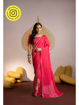 Mahee Jaipur - Reddish Pink Bandhani Scalloped Mirror Work Crepe Saree with Unstitched Blouse