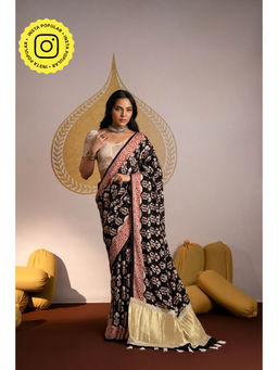 Mahee Jaipur - Black Hand Block Print Pure Modal Fabric Saree with Unstitched Blouse