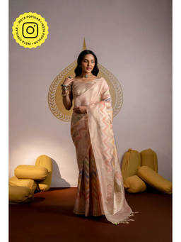 Mahee Jaipur - Coral Peach Zari Handwork Pearl And Thread Work Saree with Unstitched Blouse