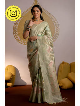 Mahee Jaipur - Pastel Green Golden Zari Handwork Of Pearl Sequence Saree with Unstitched Blouse