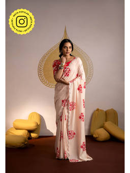 Mahee Jaipur - Prachee Pandya Light Peach Floral Mirror Border Saree with Unstitched Blouse