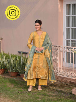 Mahee Jaipur - Yellow Fagun Floral Patch And Embroidery Kurta with Pant and Dupatta (Set of 3)