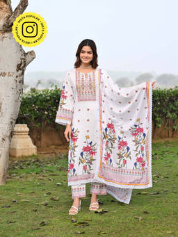 Mahee Jaipur - White Floral Print Pure Mul Cotton Lining Kurta with Pant and Dupatta (Set of 3)