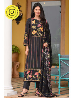 Mahee Jaipur - Black Fagun Floral Embroidery Muslin Kurta with Pant and Dupatta (Set of 3)