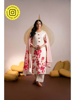Mahee Jaipur - Red Floral Print Mul Cotton Sequence Kurta with Pant and Dupatta (Set of 3)