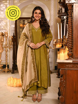 Mahee Jaipur - Mehandi Green Ghawar Print Kurta With Pant And Dupatta