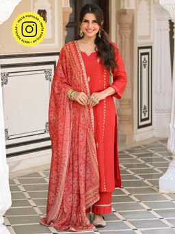 Mahee Jaipur - Red Bandhani Kurta With Pant And Dupatta
