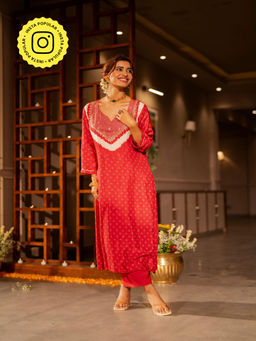 Mahee Jaipur - Red Gota Work On Neck Kurta with Pant