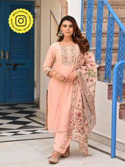 Mahee Jaipur - Peach Block Mughal Print Mul Kurta with Pant and Dupatta