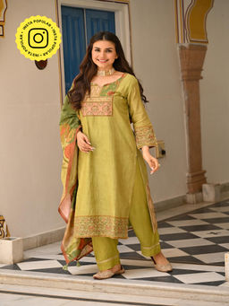Mahee Jaipur - Mehandi Green Mughal Print Kurta with Pant and Dupatta