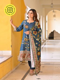 Mahee Jaipur - Midnight Blue Kalamkari Print Muslin Kurta with Pant and Dupatta