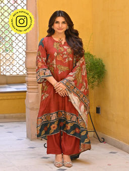 Mahee Jaipur - Rustic Red Kalamkari Print Muslin Kurta with Pant and Dupatta