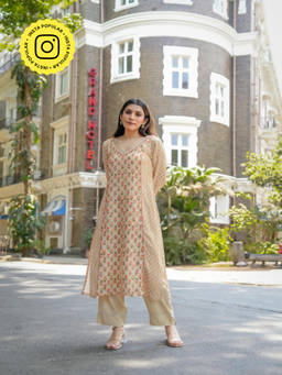 Mahee Jaipur - Beige Gota Work V Neck Block Print Kurta With Pant
