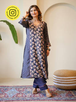 Mahee Jaipur - Blue Gota Work V Neck Block Print Kurta With Pant