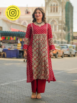 Mahee Jaipur - Red Block Print Small Muslin Kurta With Pant