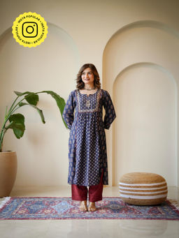 Mahee Jaipur - Blue Pleated Gota Work Block Print Kurta With Pant
