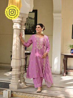 Mahee Jaipur - Purple Marodi Work With Lehariya Kurta With Pant And Dupatta