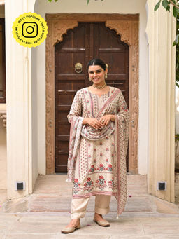 Mahee Jaipur - Beige Panel Spread Gota Kurta With Pant And Dupatta