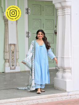 Mahee Jaipur - Powder Blue Pure Mul Kurta With Pant And Dupatta