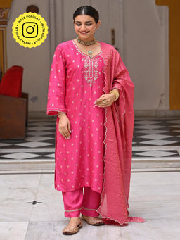 Mahee Jaipur - Pink Tyohaar Banarasi Gota Work Kurta With Pant And Dupatta