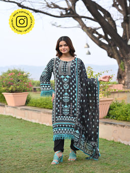 Mahee Jaipur - Black Lacy Block Print Muslin Kurta With Pant And Dupatta