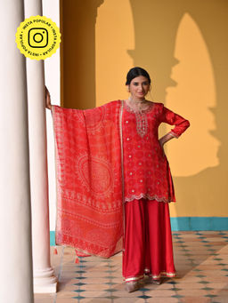 Mahee Jaipur - Red Bandhani Nazakat Palazzo With Kurta And Dupatta