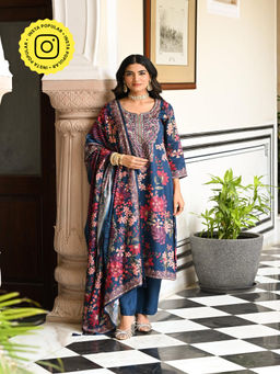 Mahee Jaipur - Blue Floral Thread Embroidery Muslin Kurta With Pant And Dupatta