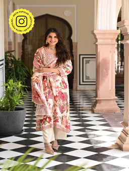 Mahee Jaipur - White Floral Thread Embroidery Muslin Kurta With Pant And Dupatta