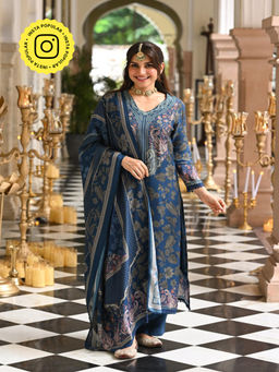 Mahee Jaipur - Blue Floral Embroidery With Kurta With Pant And Dupatta