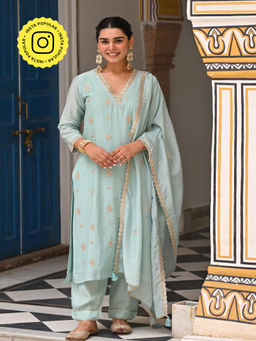 Mahee Jaipur - Powder Blue Pure Mul Kurta With Pant And Dupatta