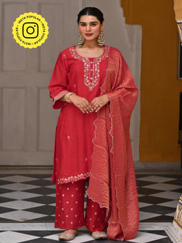 Mahee Jaipur - Red Tyohaar Pure Dola Silk Kurta With Pant And Dupatta