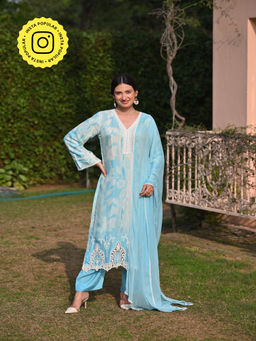 Mahee Jaipur - Spring Shaded Blue Muslin Kurta With Pant And Dupatta