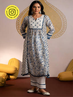 Mahee Jaipur - White Block Print Pure Muslin Kurta With Pant And Dupatta