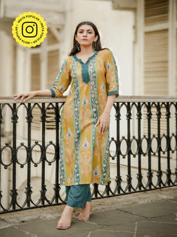 Mahee Jaipur - Green Panel Print Muslin Kurta With Pant