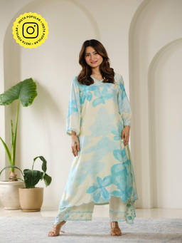 Mahee Jaipur - Aqua Blue Cut Work Scalloped Muslin Kurta With Pant