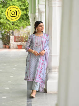 Mahee Jaipur - Grey Ikhtiyar Chanderi Kurta With Pant And Dupatta