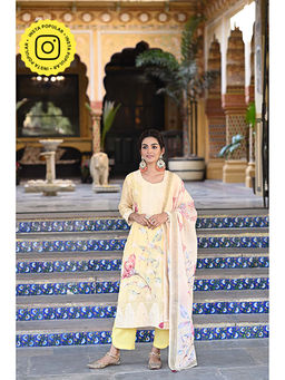 Mahee Jaipur - Yellow Linen Printed Kurta With Pant & Dupatta