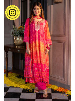 Mahee Jaipur - Pink Muslin Embroidered Anarkali Kurta With Palazzo & Dupatta