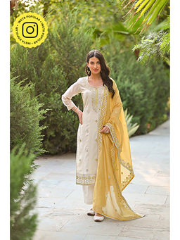 Mahee Jaipur - White Chanderi Self Design Kurta With Palazzo & Dupatta