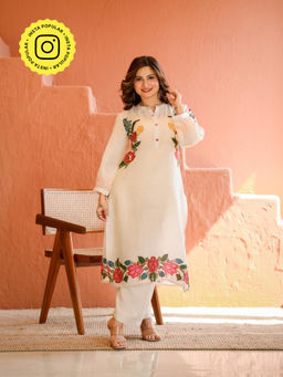 Mahee Jaipur - White Embroidered Floral Print Kurta and Pant