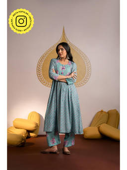 Mahee Jaipur - Sea Green Floral Print A Line Chanderi Kurta with Pant
