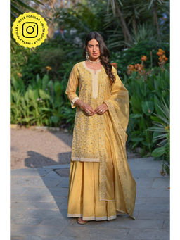 Mahee Jaipur - Yellow Thread Embroidered Chanderi Kurta with Skirt & Dupatta