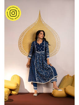 Mahee Jaipur - Womens Muslin Floral Blue Anarkali Kurta with Pant