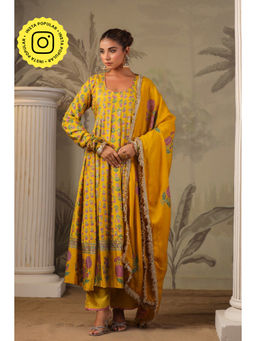 Mahee Jaipur - Womens Cotton Floral Yellow Anarkali Kurta with Pant and Dupatta