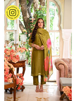 Mahee Jaipur - Womens Tissue Embellished/Sequined Olive Kurta with Pant and Dupatta