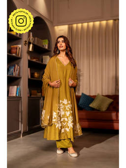 Mahee Jaipur - Womens Silk Floral Green Kurta with Palazzo and Dupatta