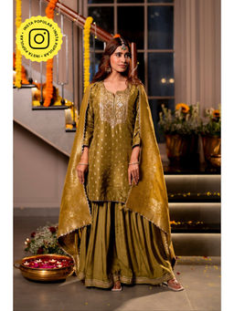 Mahee Jaipur - Womens Banarasi Embellished/Sequined Olive Kurti with Sharara and Dupatta