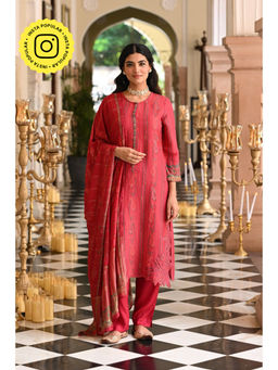 Mahee Jaipur - Womens Muslin Printed Red Kurta with Pant and Dupatta