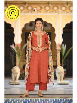 Mahee Jaipur - Womens Cotton Printed Rust Kurta with Pant and Dupatta