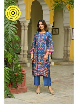 Mahee Jaipur - Womens Muslin Printed Blue Kurta with Pant and Dupatta